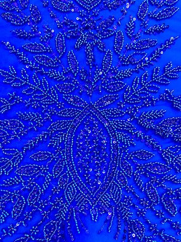 Dantela Couture Albastru Royal cu Model Simetric, cu Margele si Paiete