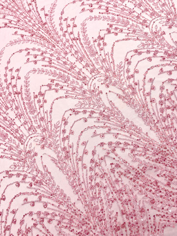 Dantela Couture Roz cu Model Geometric, cu Perle, Margele si Paiete