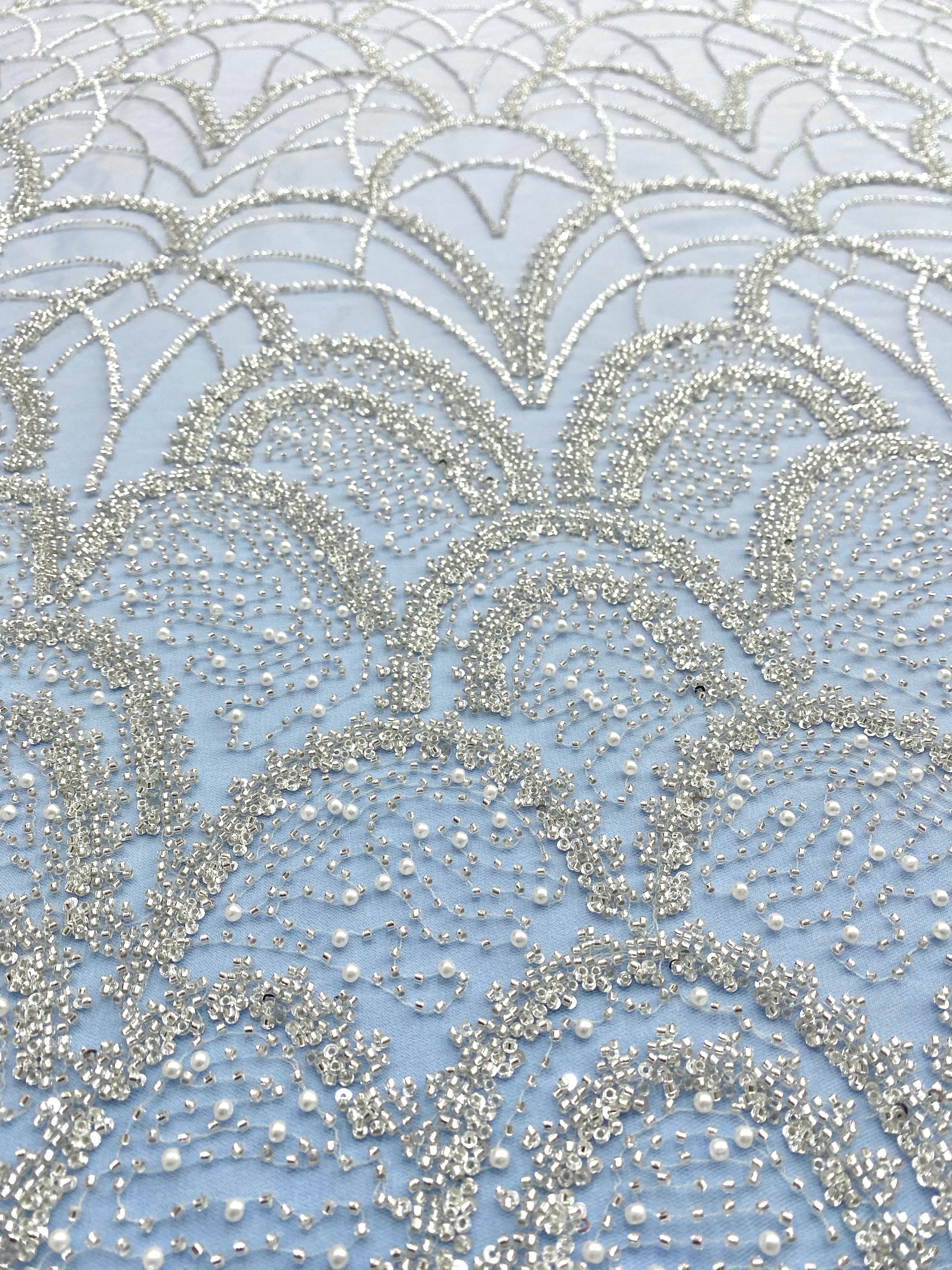 Dantela Couture Argintie cu Tulle Baby Blue cu Model Geometric, cu Perle, Margele Si Paiete