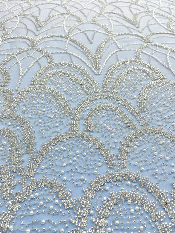 Dantela Couture Argintie cu Tulle Baby Blue cu Model Geometric, cu Perle, Margele Si Paiete