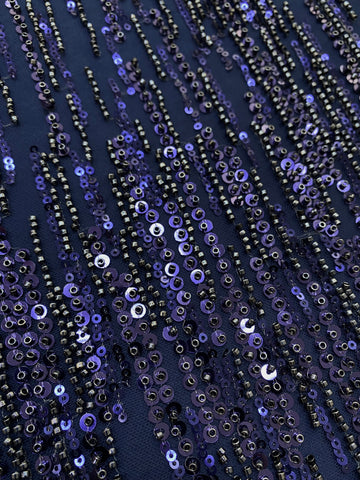 Dantela Couture Bleumarin cu Model Liniar, cu Margele si Paiete