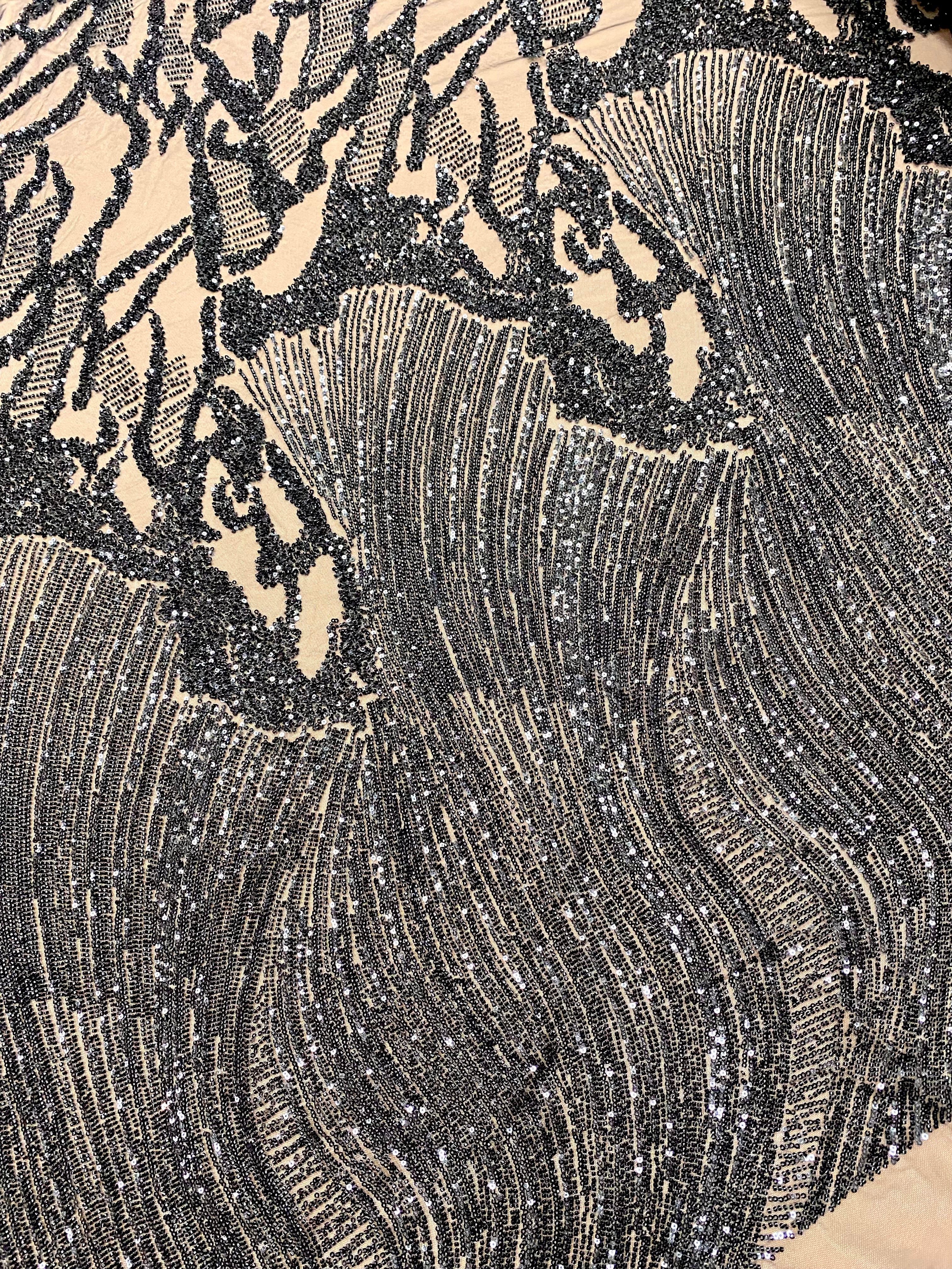 Dantela Couture Neagra cu Model Geometric, cu Margele si Paiete