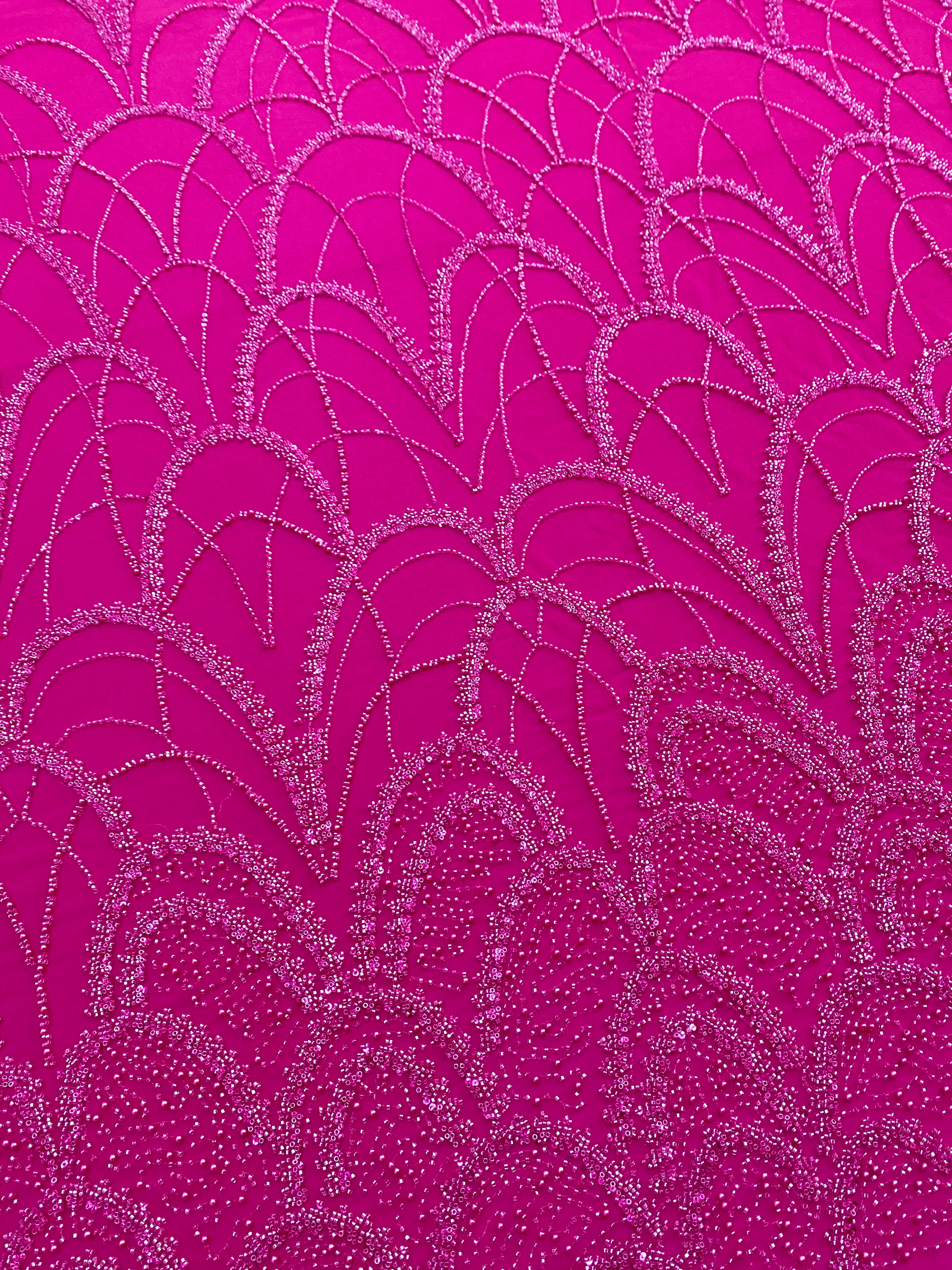 Dantela Couture Fucsia cu Model Geometric, cu Perle, Margele si Paiete