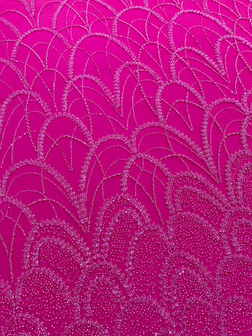 Dantela Couture Fucsia cu Model Geometric, cu Perle, Margele si Paiete