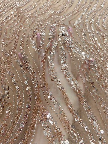 Dantela Couture Auriu Rose cu Model Liniar, cu Margele si Paiete