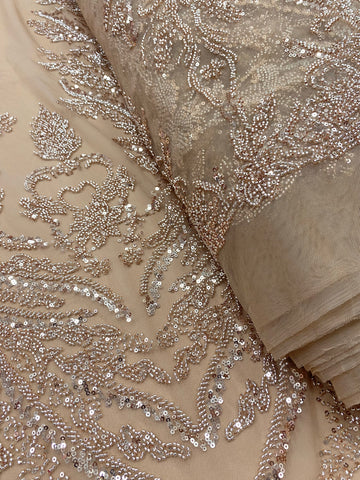 Csipke Couture Arany Rózsa Virágmintával, Gyöngyökkel és Flitterekkel