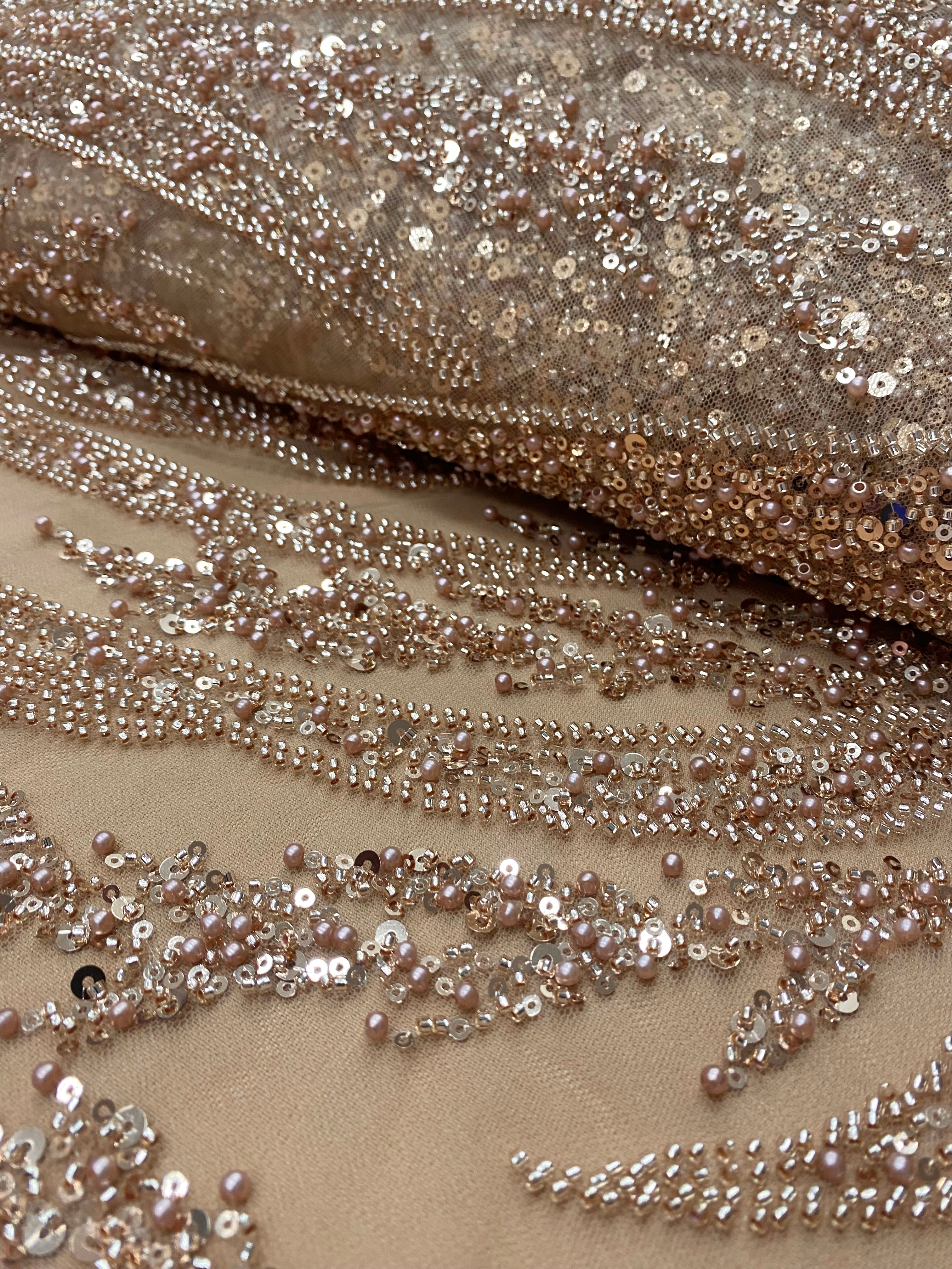 Dantela Couture Auriu Rose cu Panou, cu Perle, Margele si Paiete