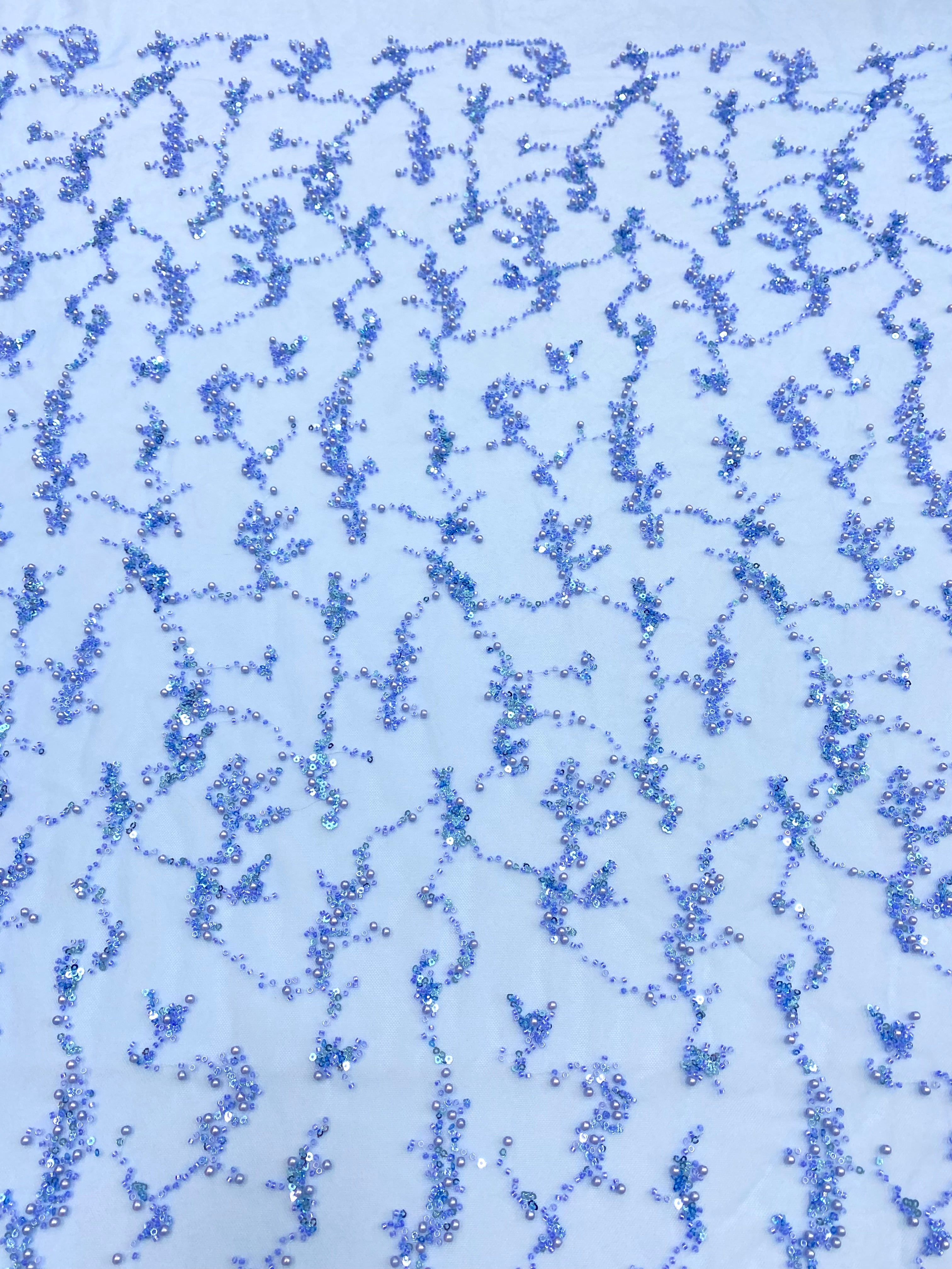 Dantela Couture Sky Blue cu Perle, Margele si Paiete