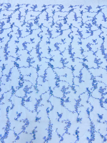 Dantela Couture Sky Blue cu Perle, Margele si Paiete