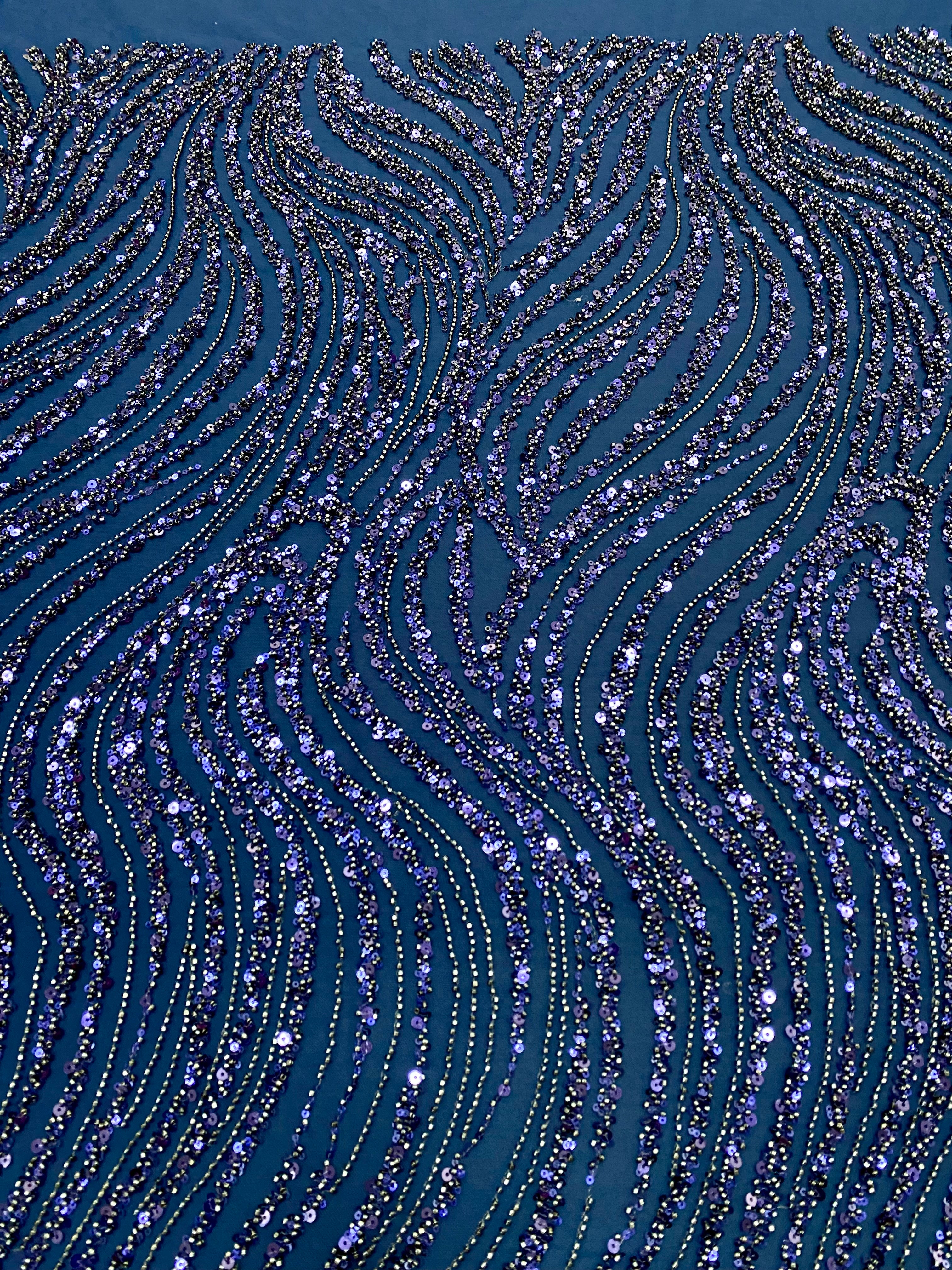 Dantela Couture Bleumarin cu Model Liniar, cu Margele si Paiete