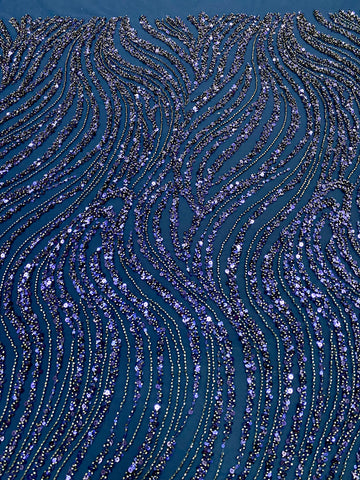 Dantela Couture Bleumarin cu Model Liniar, cu Margele si Paiete