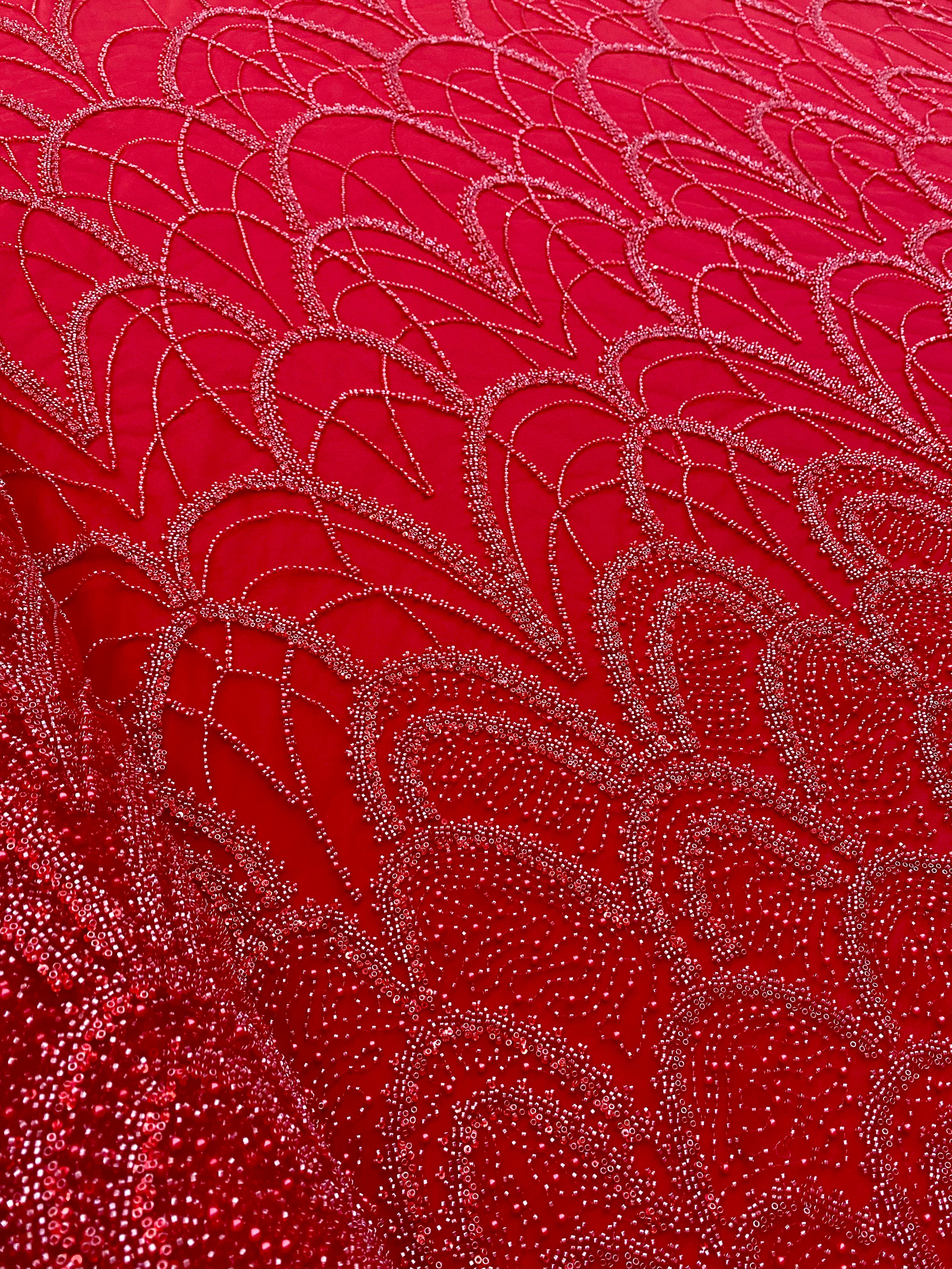 Dantela Couture Rosie cu Model Geometric, cu Perle, Margele si Paiete