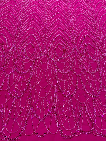 Dantela Couture Fucsia geometriai mintával, gyöngyökkel és flitterekkel