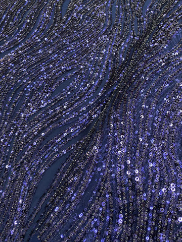 Dantela Couture Bleumarin cu Model Liniar, cu Margele si Paiete
