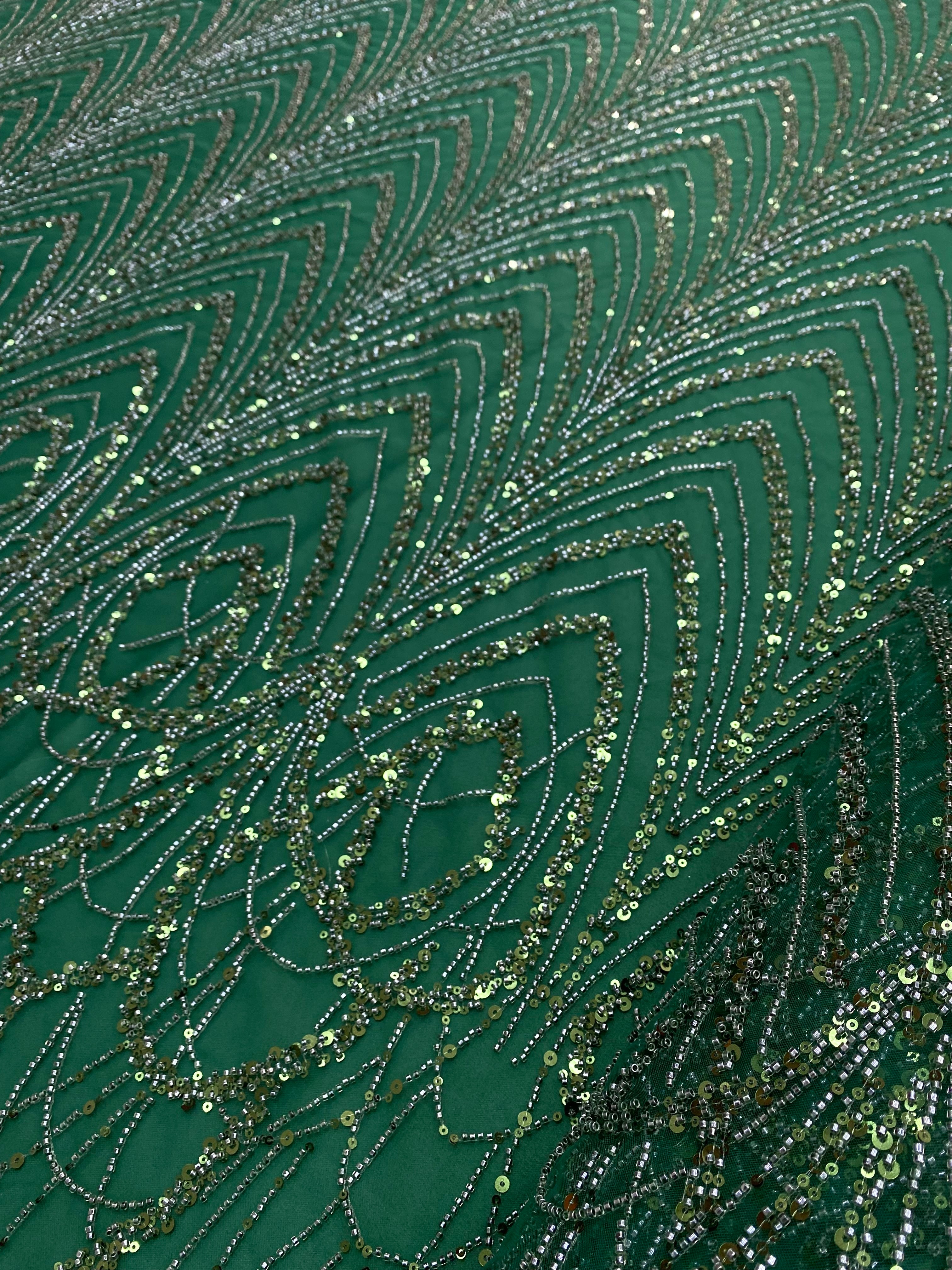 Dantela Couture Verde Smarald cu Model Geometric cu Margele si Paiete