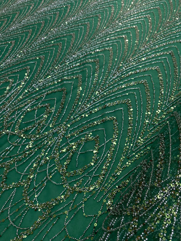 Dantela Couture Verde Smarald cu Model Geometric cu Margele si Paiete