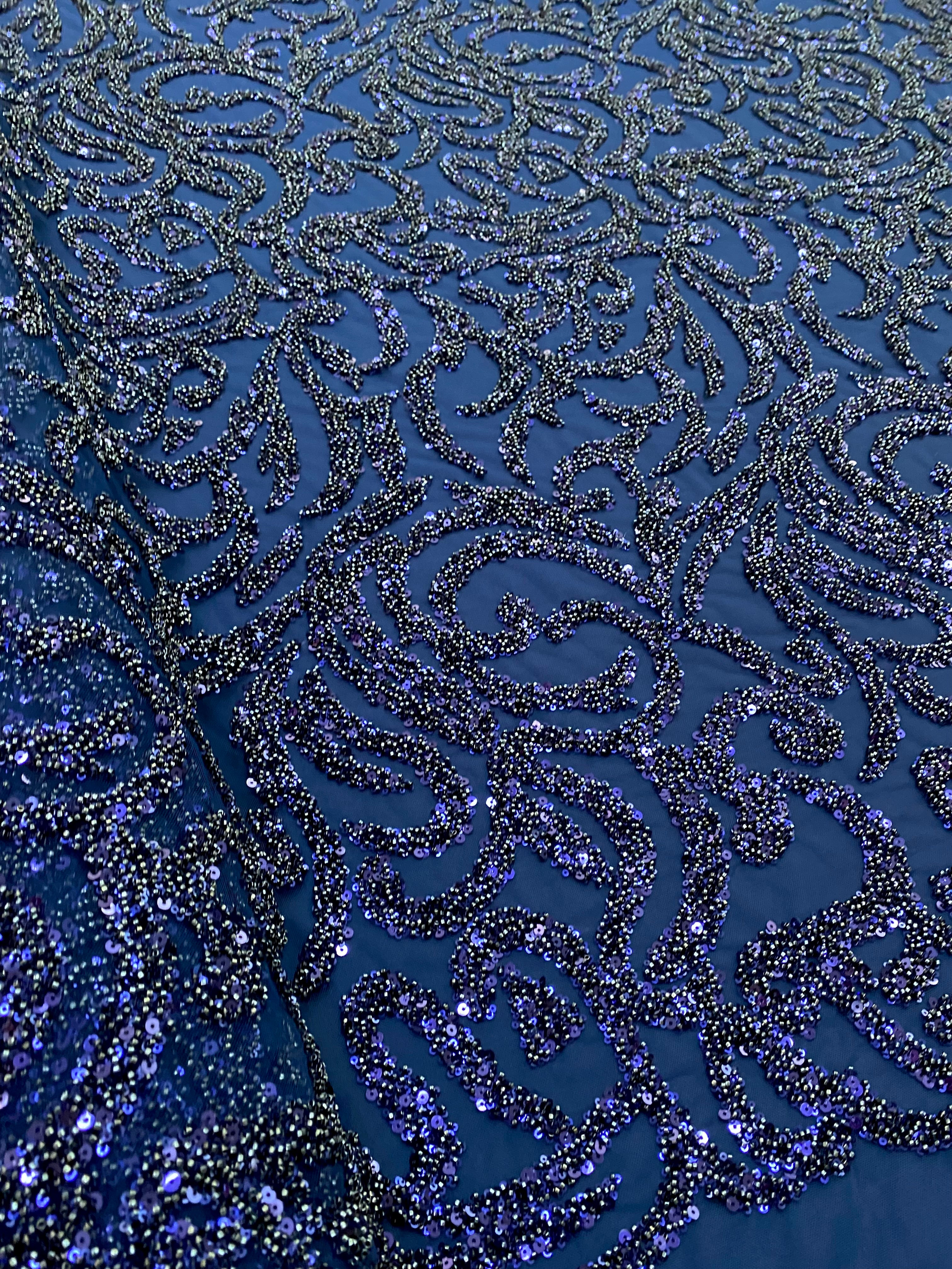 Dantela Couture Bleumarin cu Model Geometric, cu Margele si Paiete