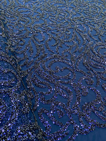 Dantela Couture Bleumarin cu Model Geometric, cu Margele si Paiete