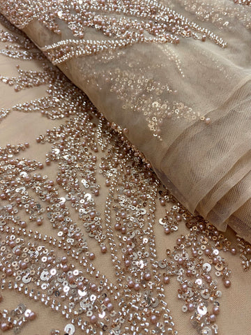 Dantela Couture Auriu Rose cu Panou, cu Perle, Margele si Paiete