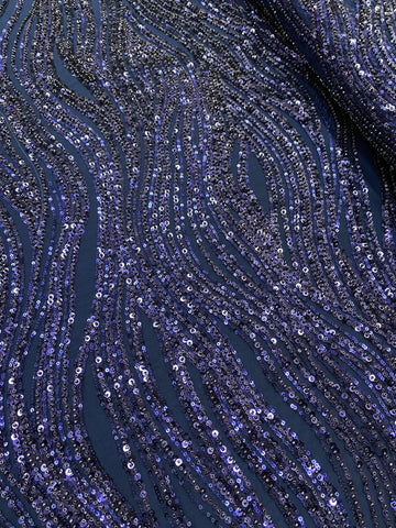 Dantela Couture Bleumarin cu Model Liniar, cu Margele si Paiete