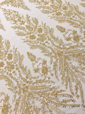 Dantela Couture Aurie cu Model Floral, cu Perle, Margele si Paiete