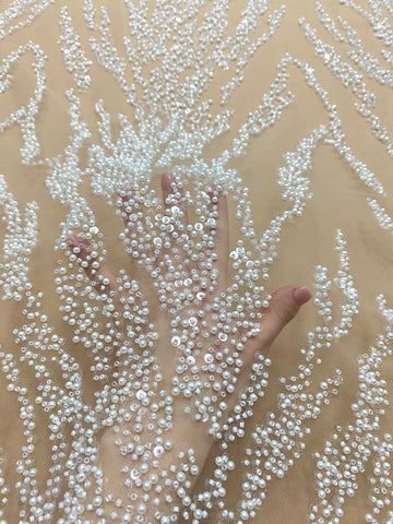 Dantela Couture Ivory cu Tulle Nude cu Perle, Margele si Paiete