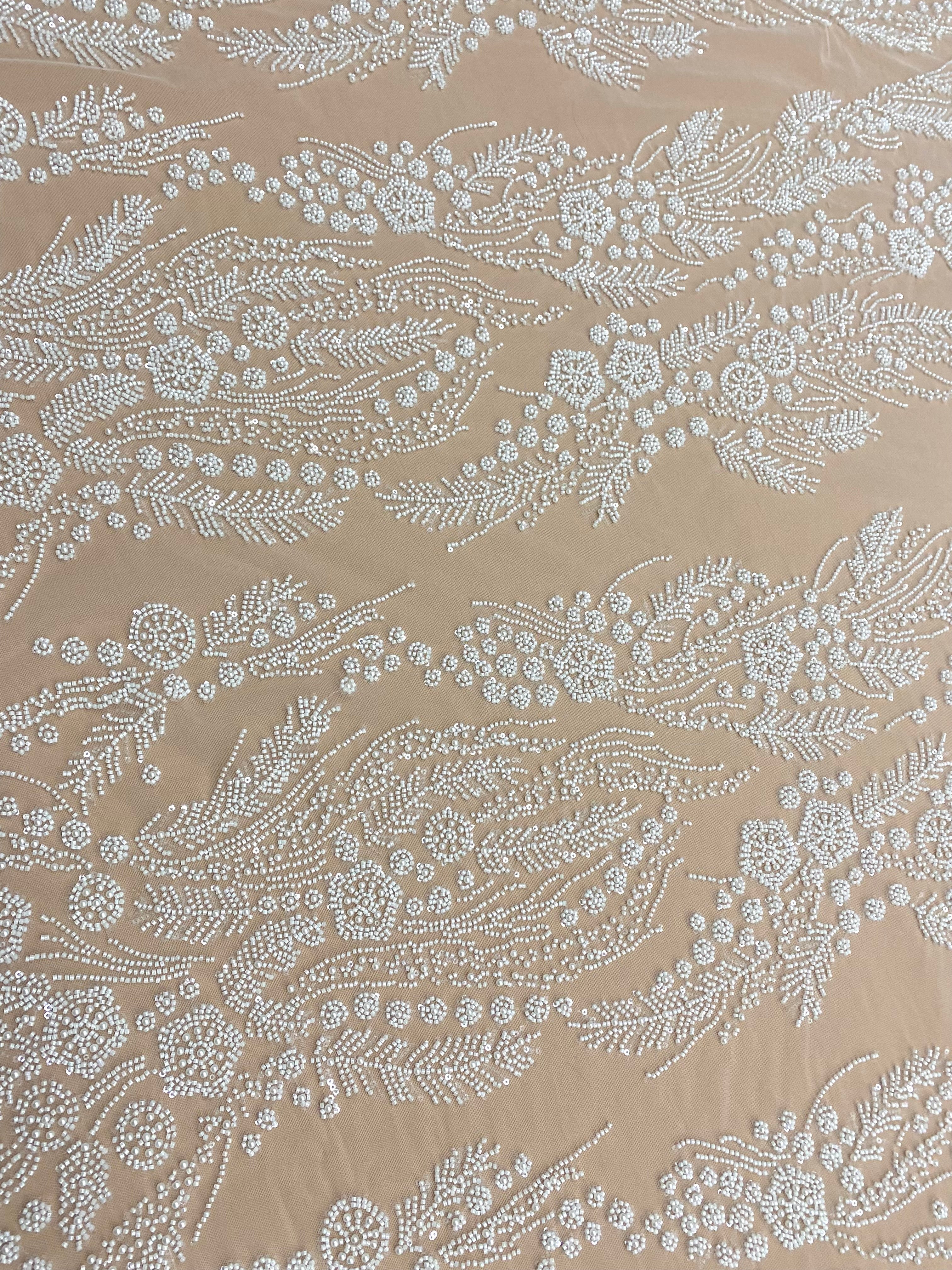 Dantela Couture Ivory cu Model Floral, Perle, Margele si Paiete