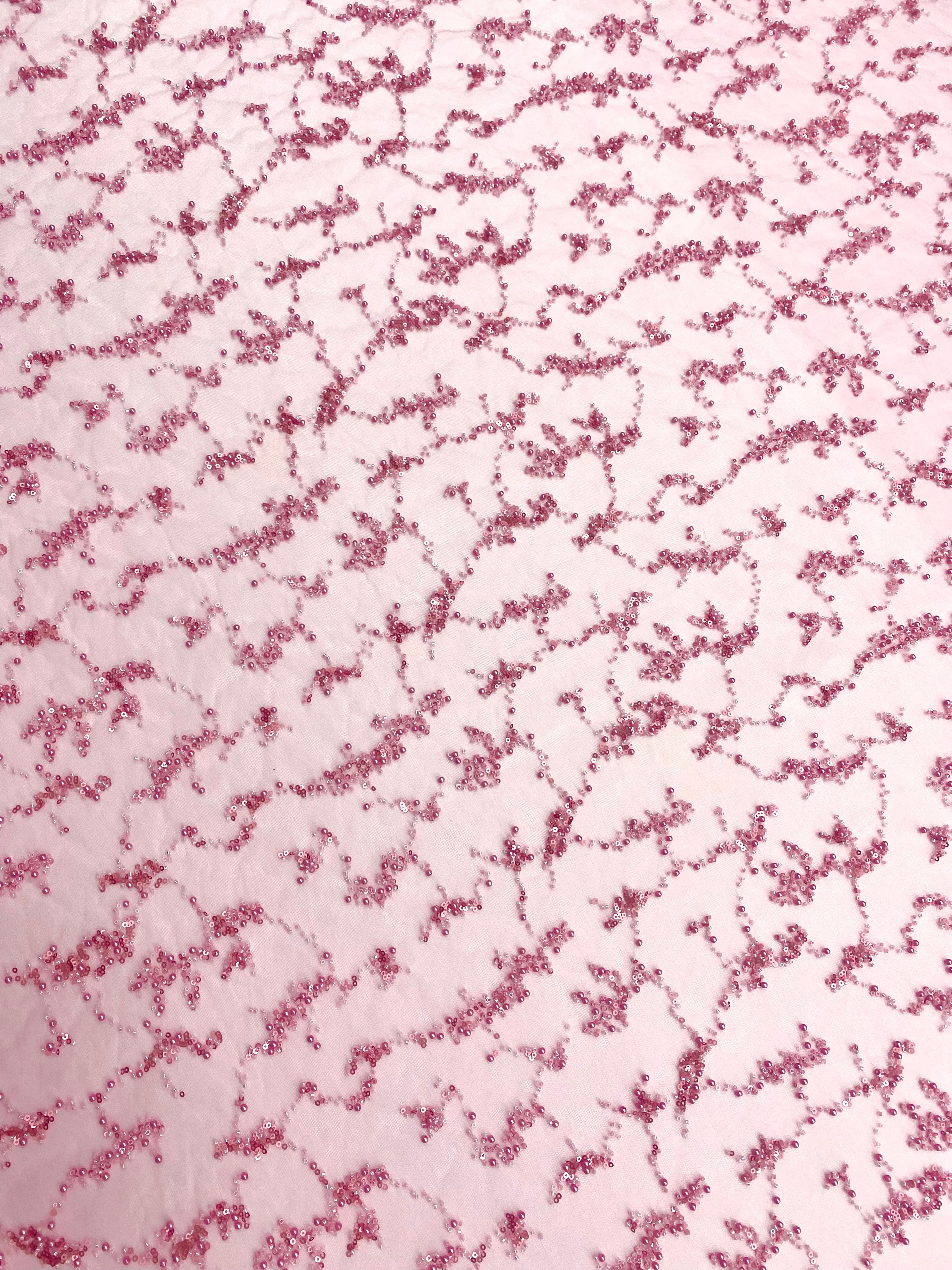 Dantela Couture Roz cu Perle, Margele si Paiete