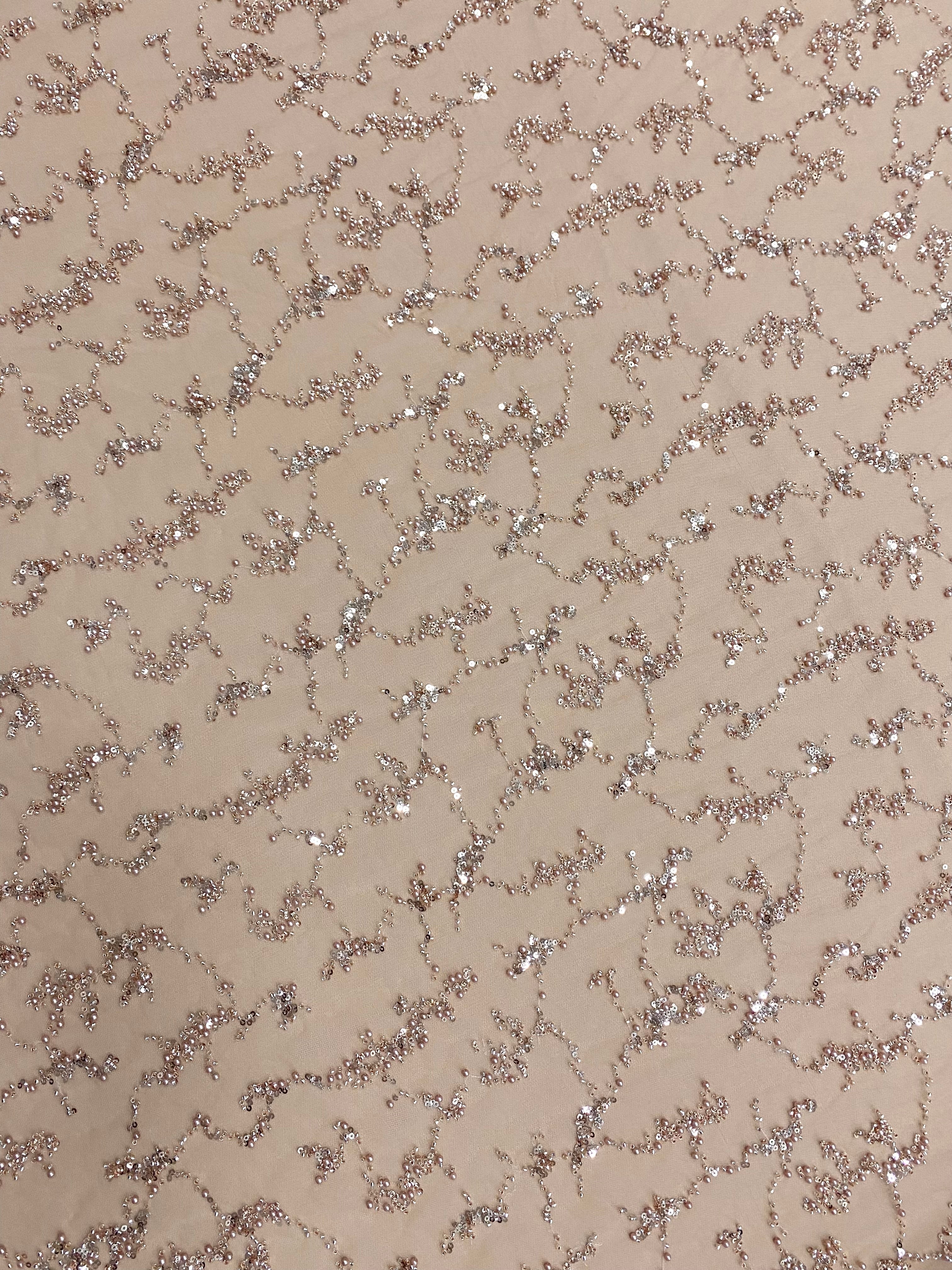 Dantela Couture Auriu Rose cu Perle, Margele si Paiete