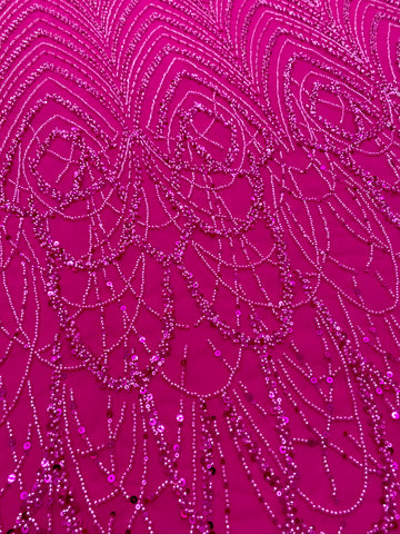 Dantela Couture Fucsia geometriai mintával, gyöngyökkel és flitterekkel