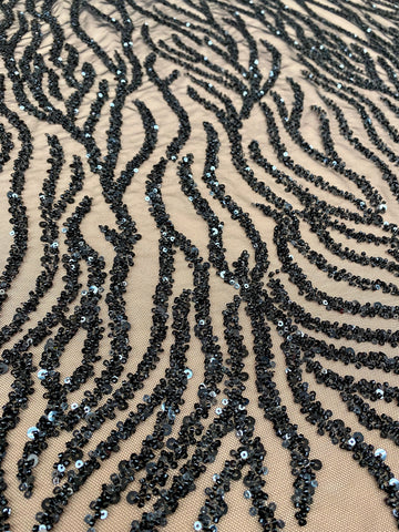 Dantela Couture Neagra cu Pene de Strut, cu Siraguri, cu Margele si Paiete