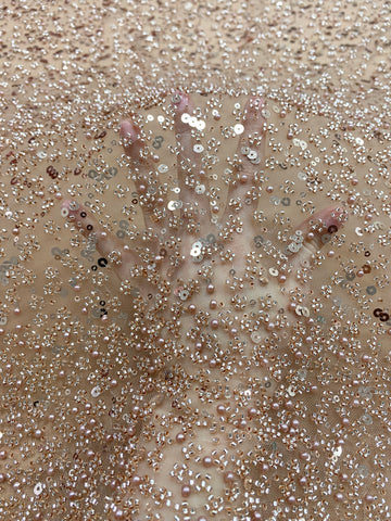 Csipke Couture arany rózsaszín átmenetes, gyöngyökkel, gyöngyökkel és flitterekkel