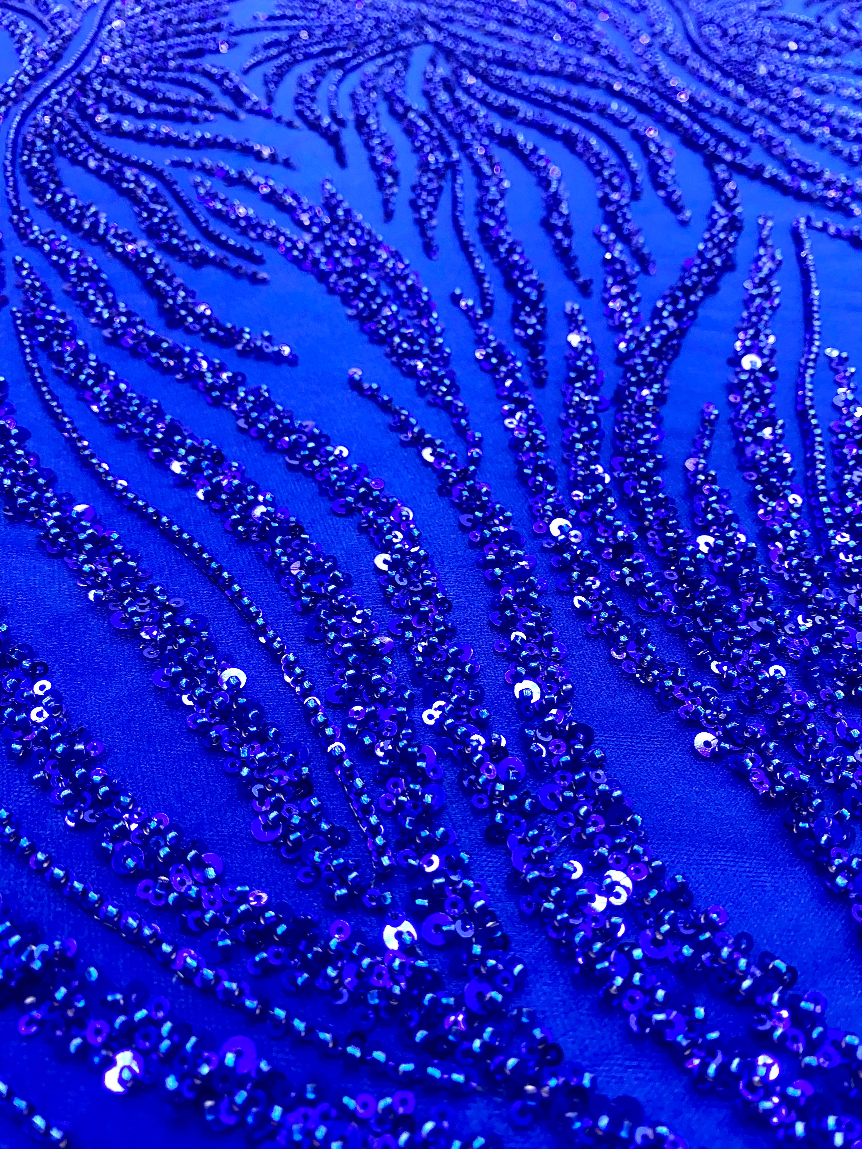 Dantela Couture Albastru Royal cu Siraguri, cu Margele si Paiete