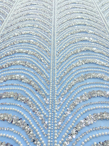 Dantela Couture Argintie pe Tulle Bleu cu Model Geometric, cu Perle, Margele si Paiete