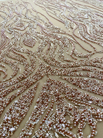 Dantela Couture Auriu Rose cu Model Geometric, cu Perle, Margele si Paiete