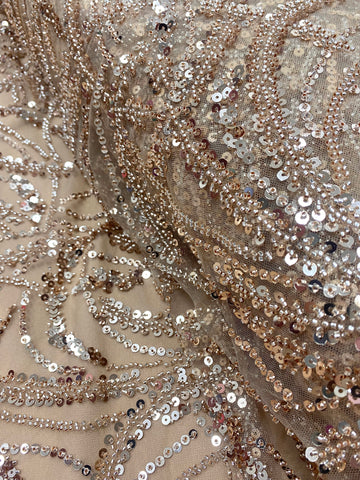 Dantela Couture Auriu Rose cu Model Geometric, Margele si Paiete