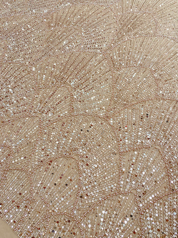 Dantela Couture Auriu Rose cu Model Geometric, cu Perle, Margele si Paiete
