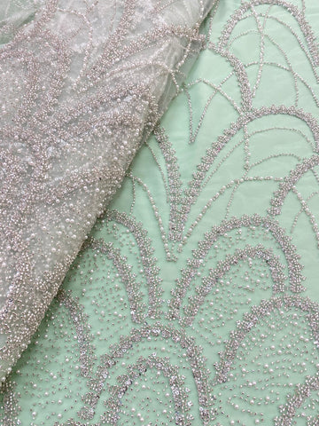Dantela Couture Argintie pe Tulle Verde Menta cu Model Geometric, cu Perle, Margele si Paiete