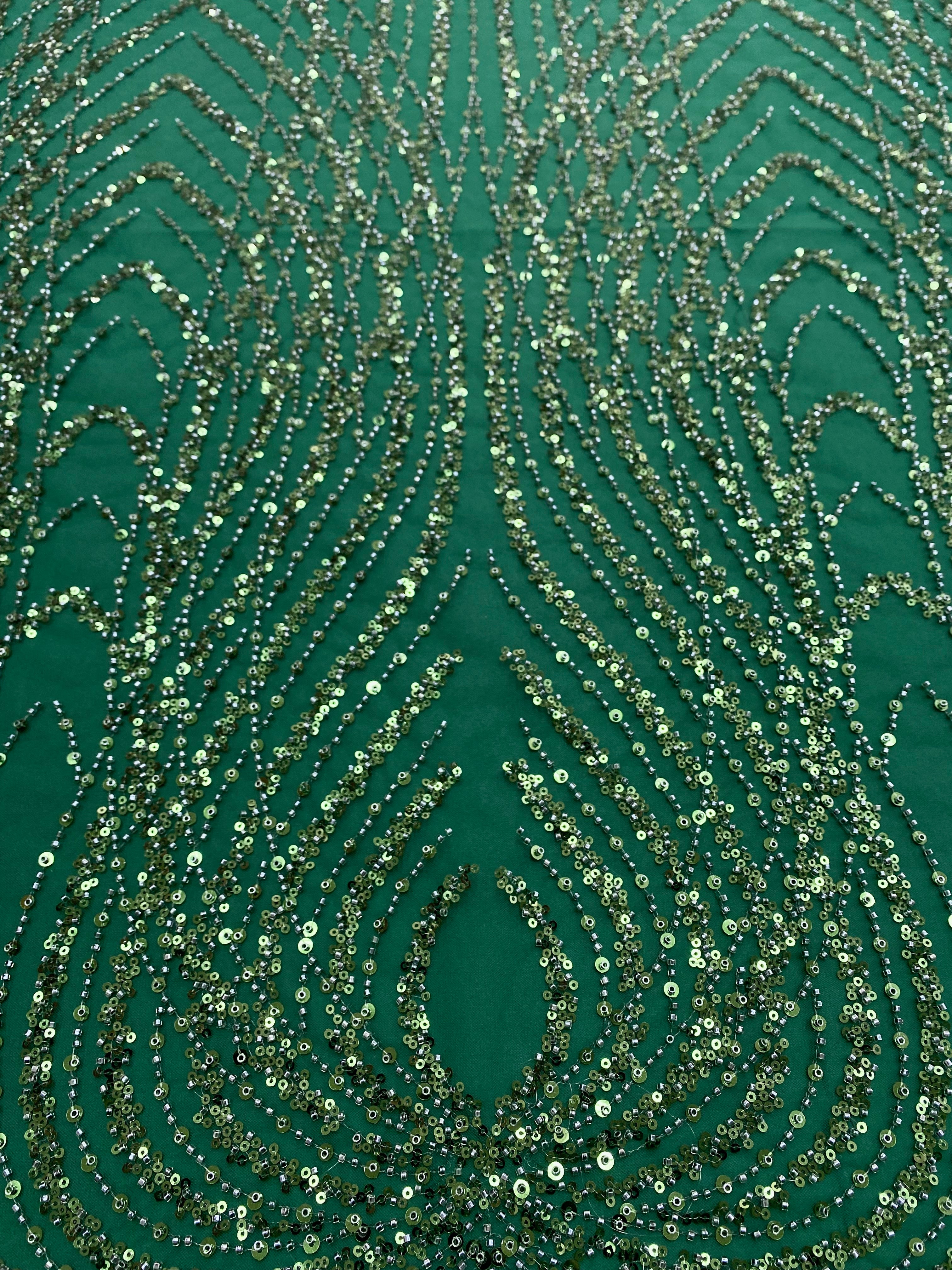 Dantela Couture Verde Smarald cu Panou, cu Margele si Paiete