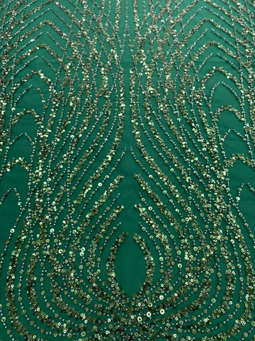 Dantela Couture Verde Smarald cu Panou, cu Margele si Paiete