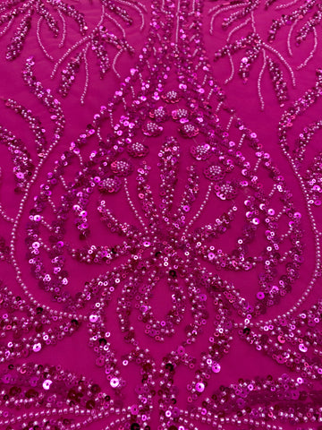 Dantela Couture Fucsia geometriai mintával, gyöngyökkel és flitterekkel