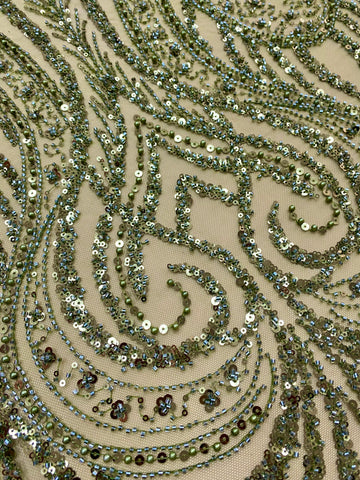 Dantela Couture Olive geometriai mintával, gyöngyökkel, gyöngyökkel és flitterekkel