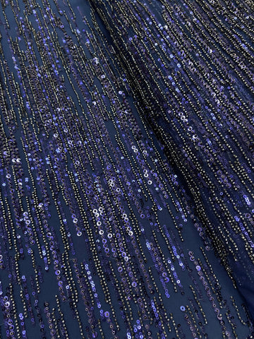 Dantela Couture Bleumarin cu Model Liniar, cu Margele si Paiete