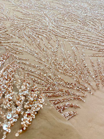 Dantela Couture Auriu Rose cu Siraguri, cu Margele si Paiete