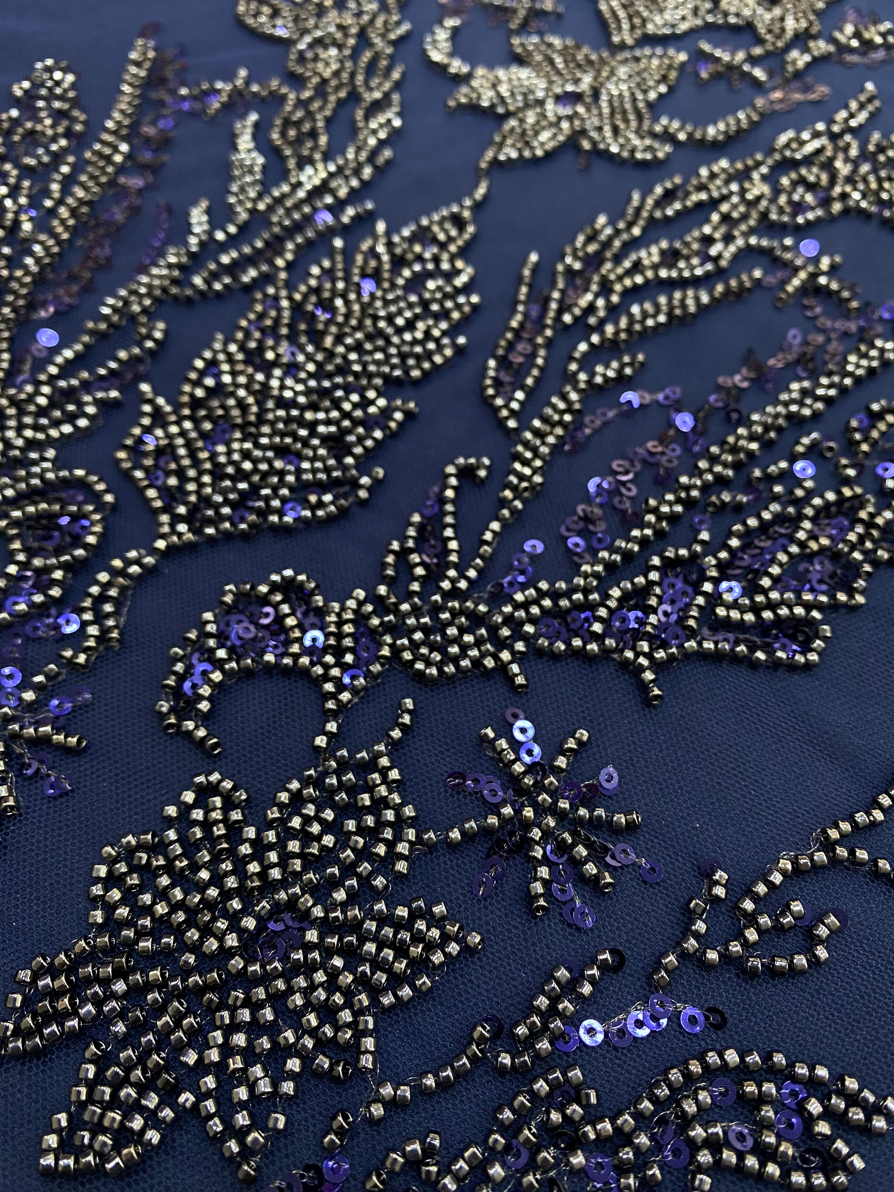 Dantela Couture Bleumarin cu Model Floral, cu Margele si Paiete