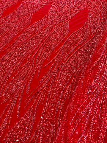 Piros Couture csipke geometriai mintával, gyöngyökkel, gyöngyöcskékkel és flitterekkel