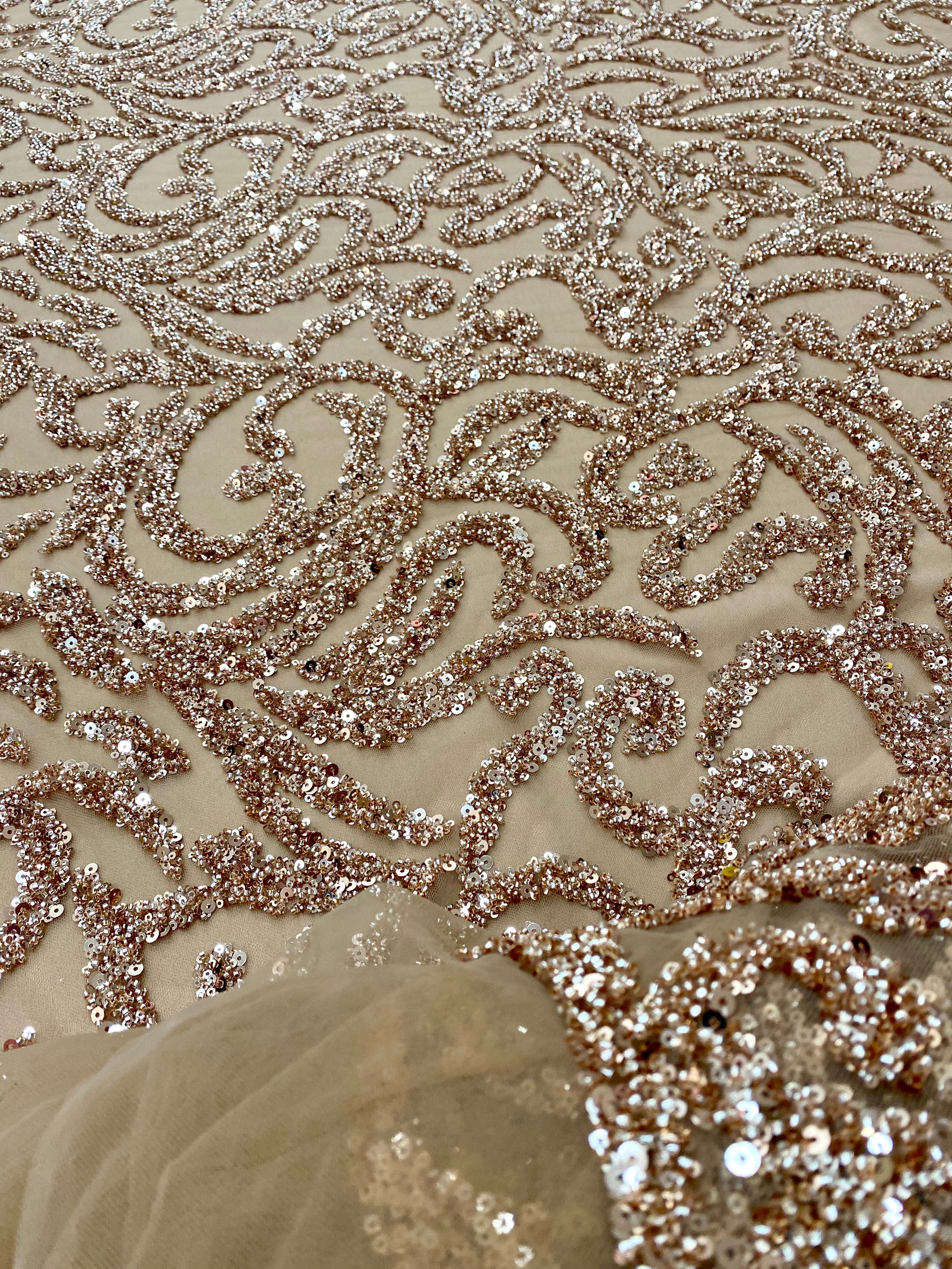 Dantela Couture Auriu Rose cu Model Geometric, cu Margele si Paiete