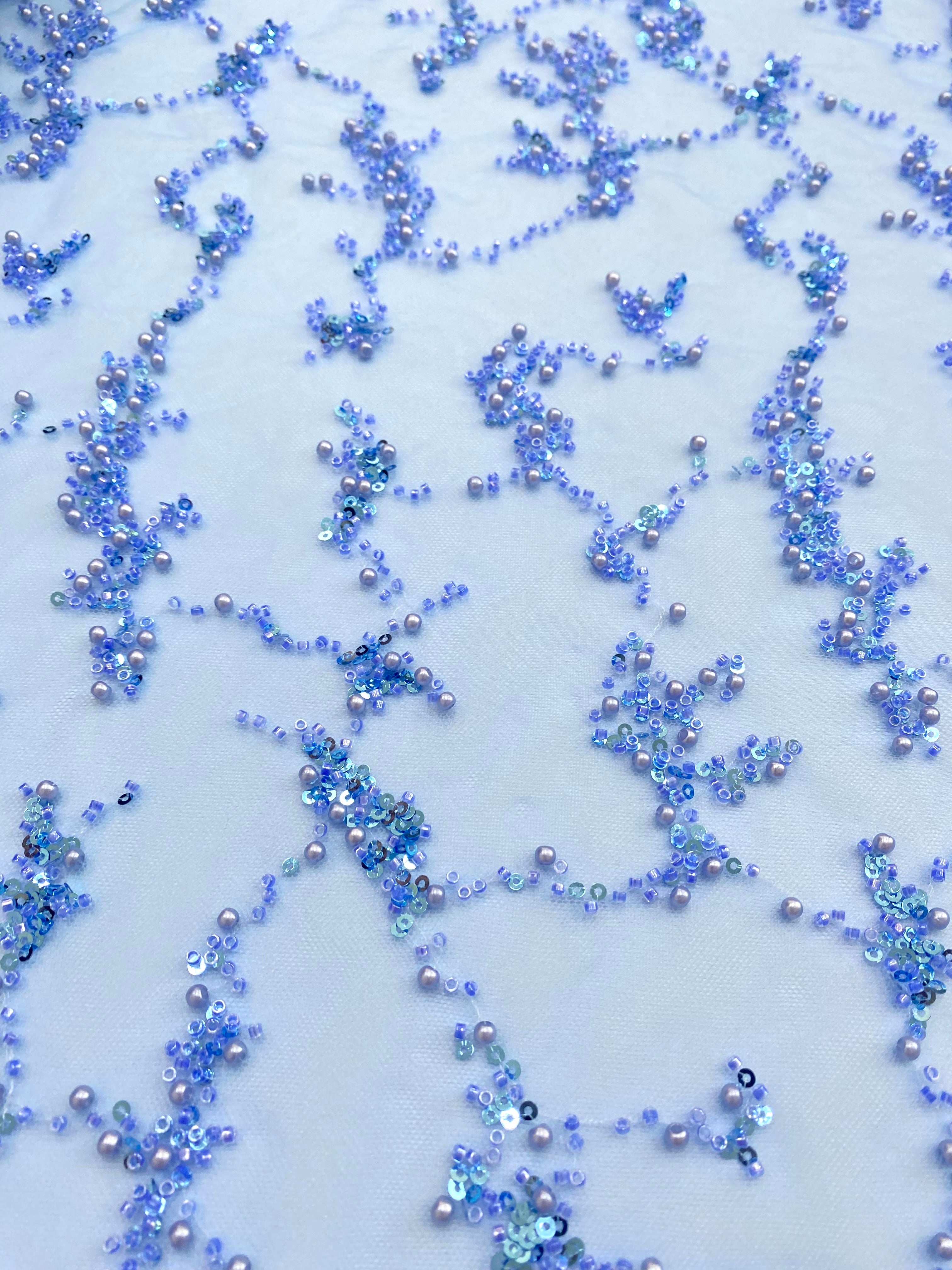 Dantela Couture Sky Blue cu Perle, Margele si Paiete