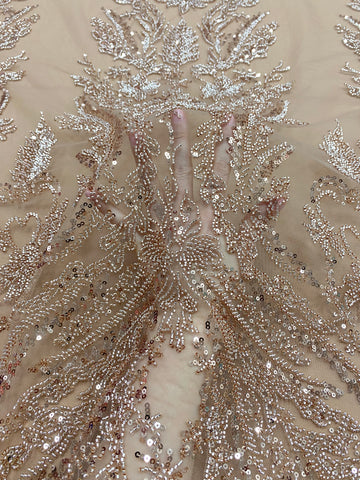 Csipke Couture Arany Rózsa Virágmintával, Gyöngyökkel és Flitterekkel