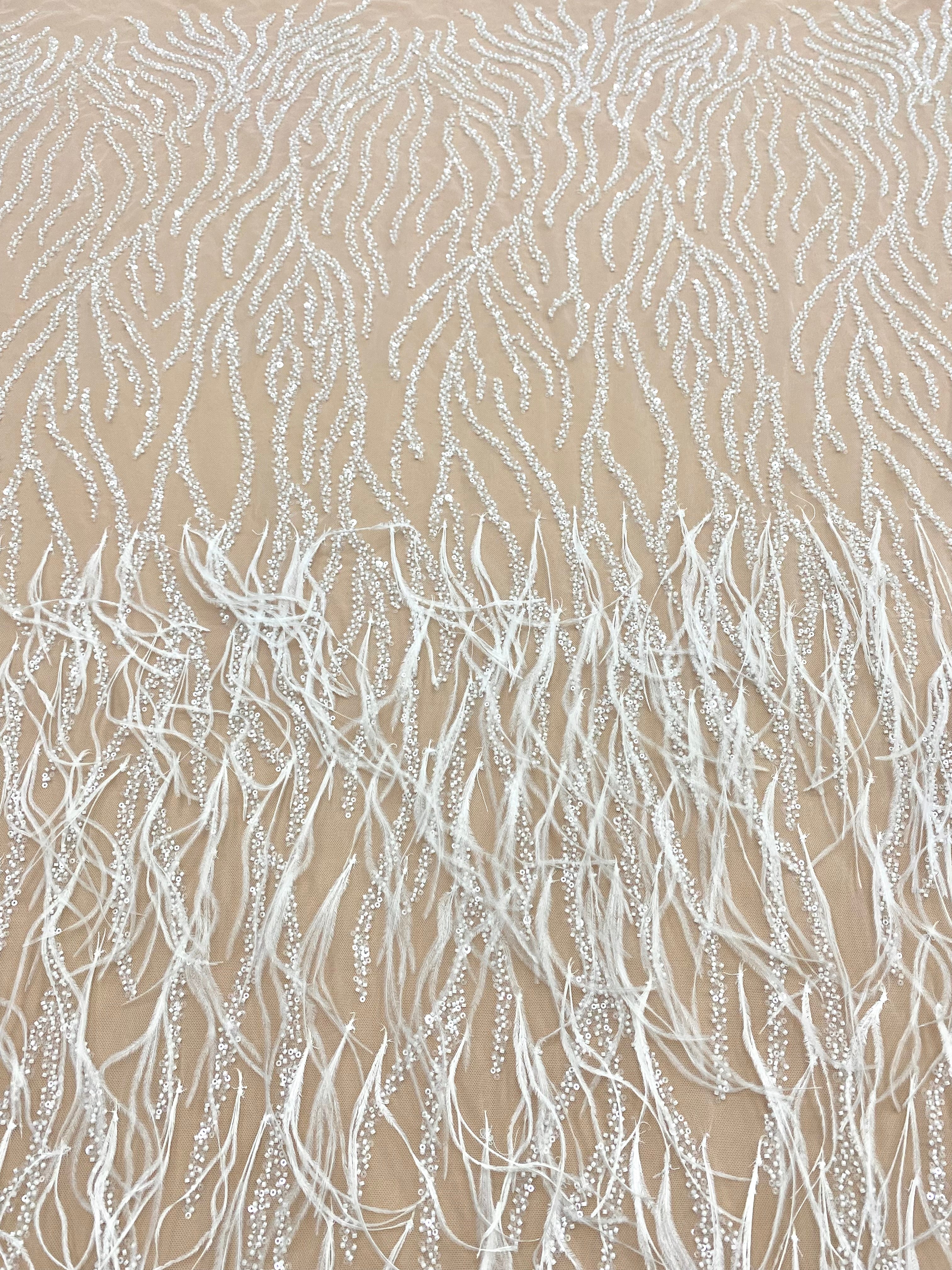 Dantela Couture Ivory cu Pene de Strut, cu Siraguri, cu Margele si Paiete